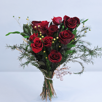Velvet Rouge Preserved Rose Bouquet in a cream ceramic bow vase