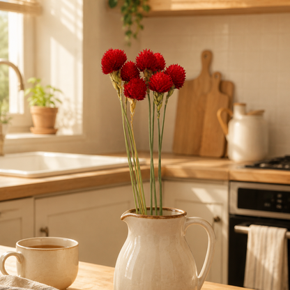 Dyed dried globe amaranth bundle styled in a vase