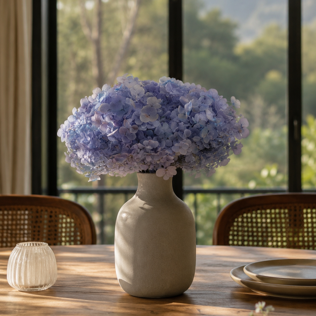 Lilac blue preserved hydrangea flower stem full view
