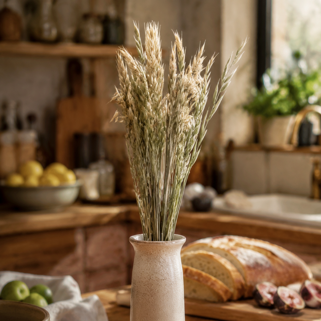 Natural dried oat grass bunch styled in a vase