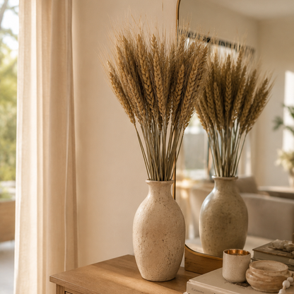 Natural dried wheat grains bunch styled in a vase for home decor