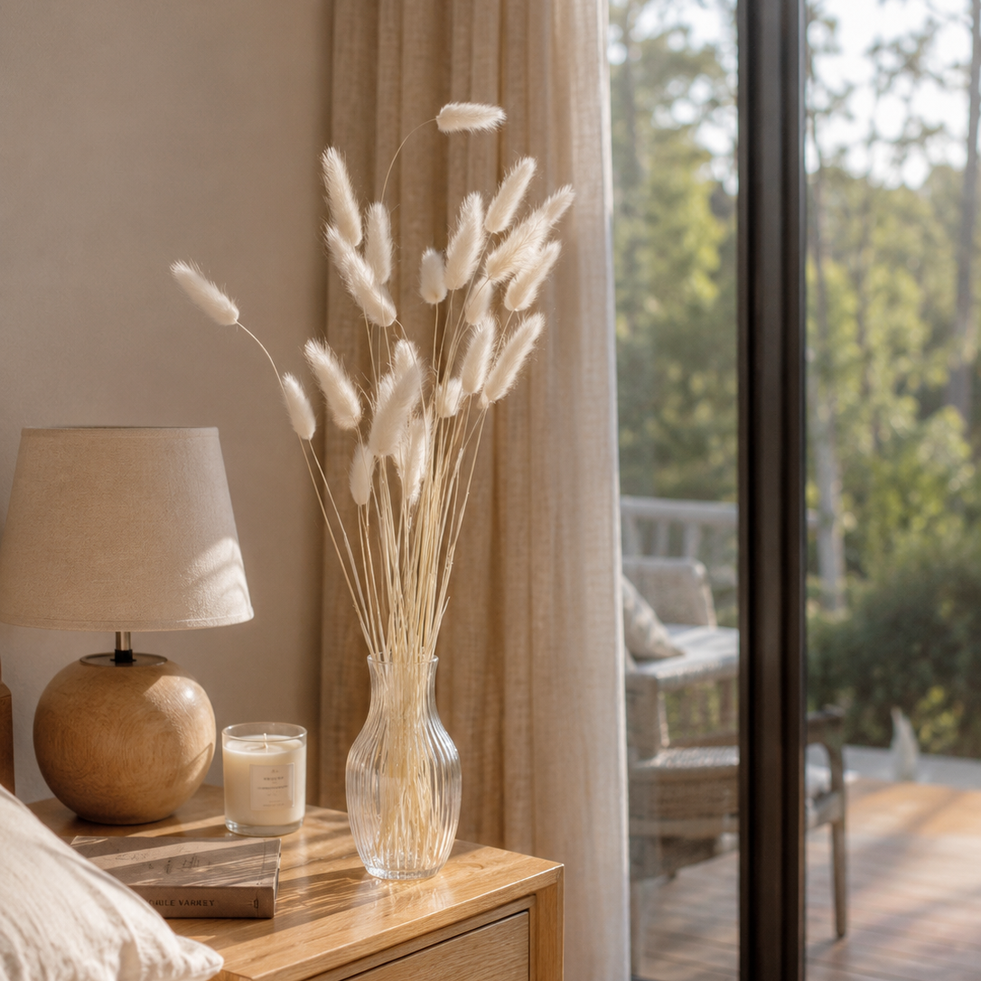 Natural white dried bunny tail grass styled in a bedside vase