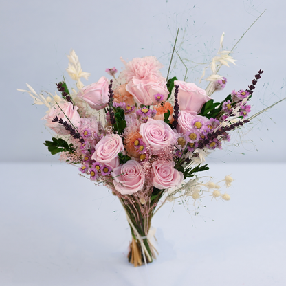 Wild Rose Preserved Flower Bouquet hand-tied bouquet of pink roses, carnation, lavender, and oat grass without vase