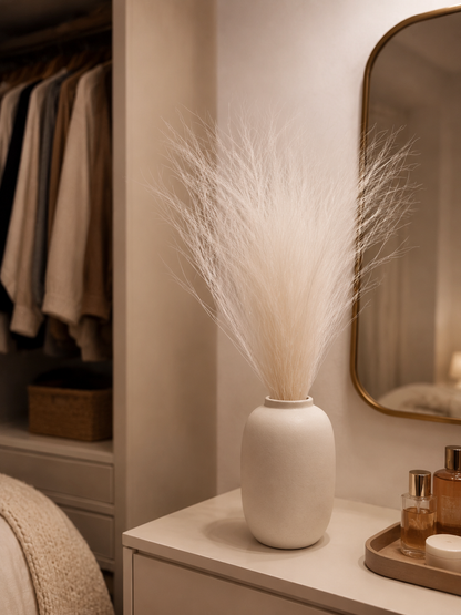 White preserved feather grass styled in a vase