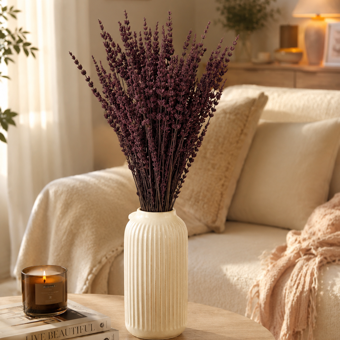 Preserved lavender flower bundle styled in a vase for home decor