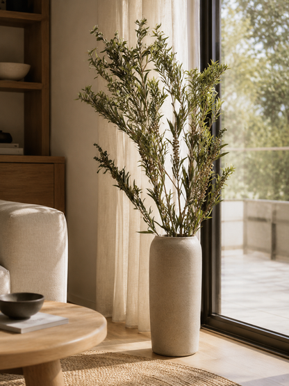 Green preserved seeded willow eucalyptus styled in a vase