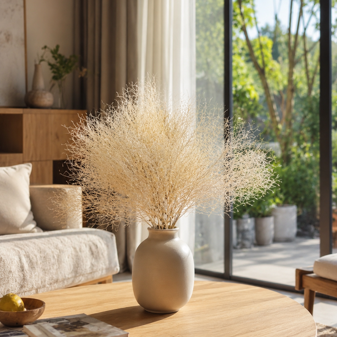 Cream preserved smoke tree plume stems styled in a vase