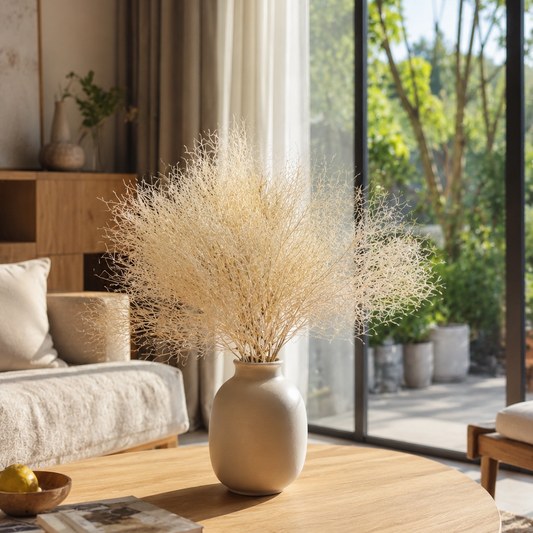Cream preserved smoke tree plume stems styled in a vase