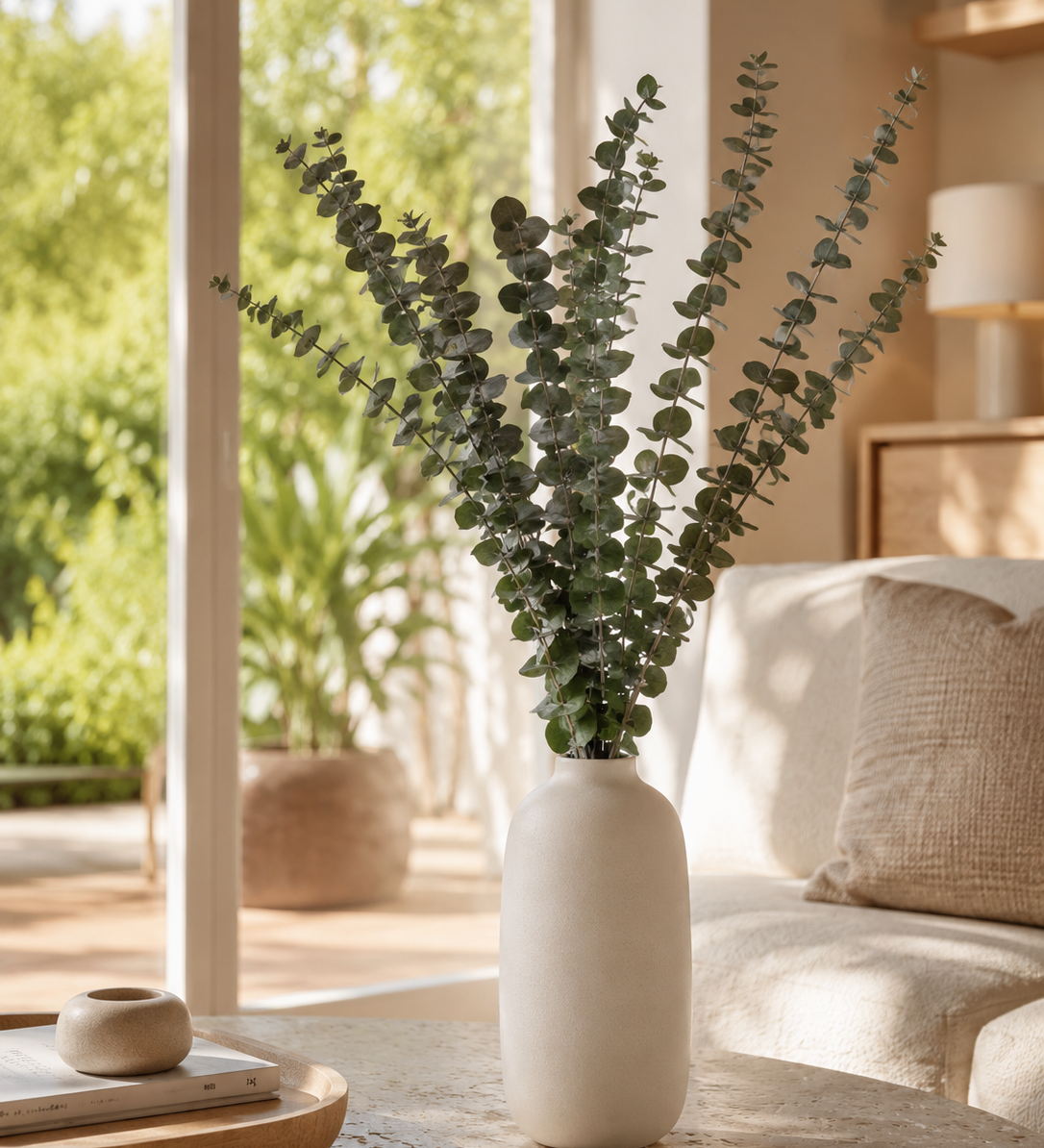 Green preserved spiral eucalyptus styled in a vase