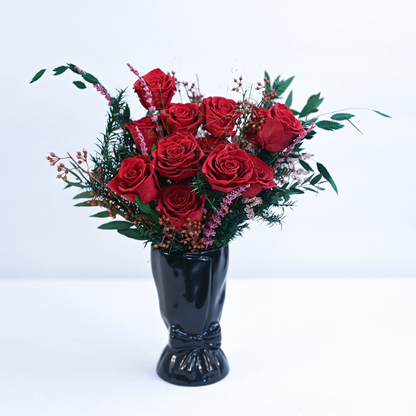 Ruby Romance Preserved Rose Bouquet with red roses, pink lavender, and eucalyptus displayed in a black ceramic bow vase
