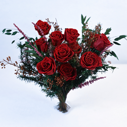 Ruby Romance Preserved Rose Bouquet hand-tied arrangement of red roses, lavender, and ribbon grass without vase