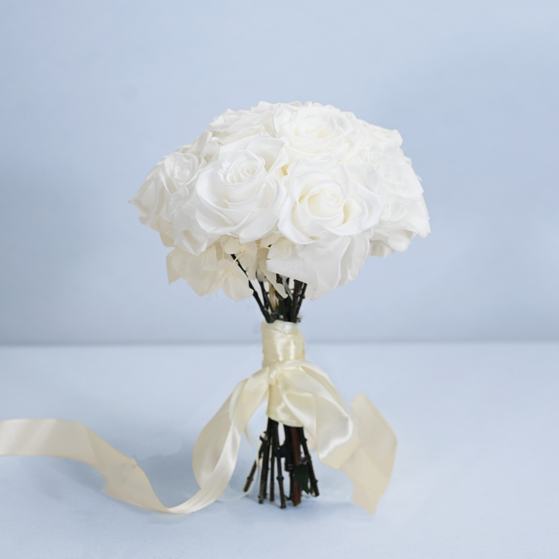 Opal Preserved Rose Bouquet standing upright on a light surface with cream satin ribbon, front view against soft blue background
